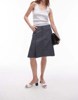 denim knee length pleated skirt in raw gray