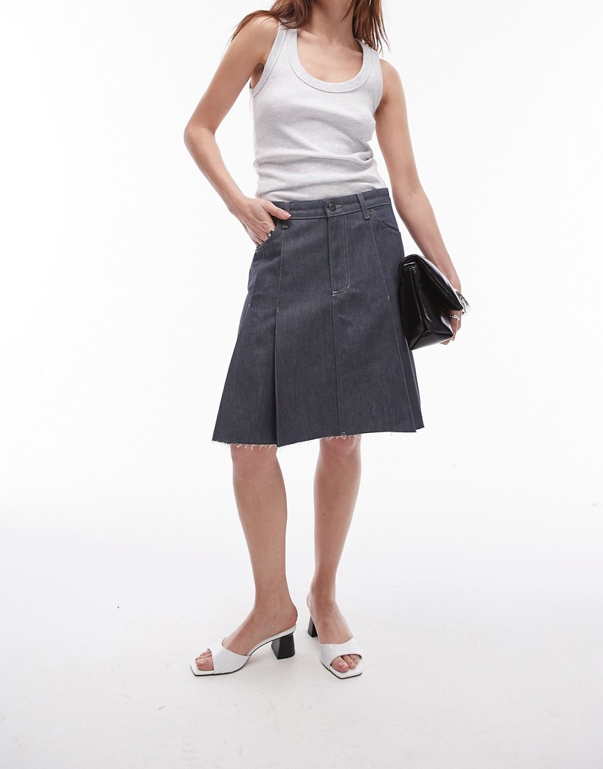 Topshop denim knee length pleated skirt in raw grey