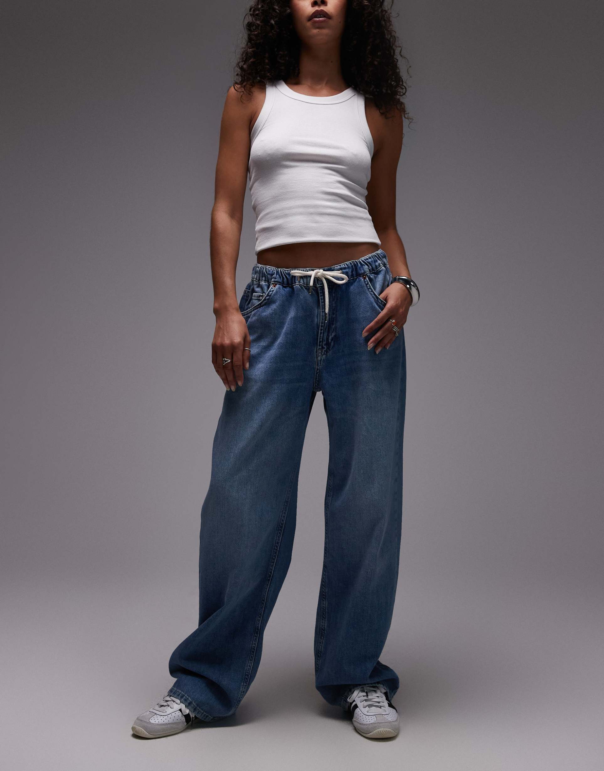 topshop denim lightweight sweat-style jeans in mid blue