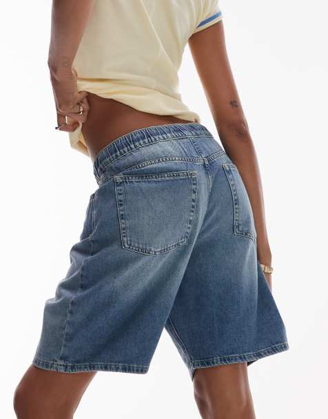 Topshop denim lightweight sweat-style shorts in mid blue - view 2