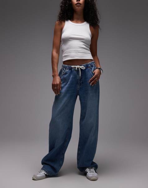 Topshop denim lightweight trackie jeans in mid blue - view 1