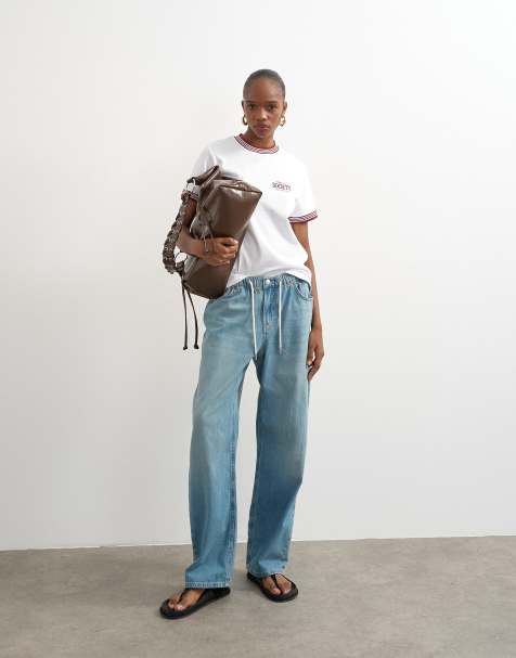 Topshop denim lightweight trackie jeans in mid blue - view 1