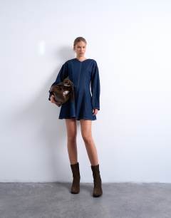 Denim long sleeve flared mini dress in rinse