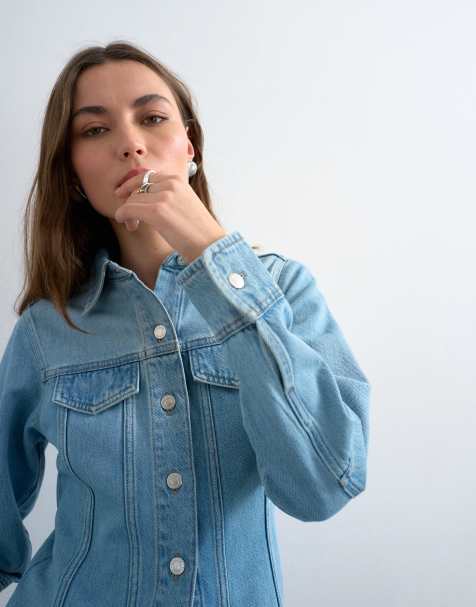 Topshop denim long sleeve seamed shirt in bleach - view 1