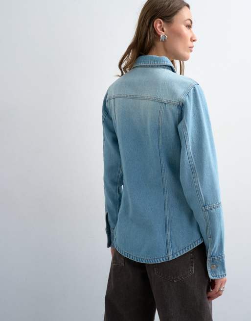 Topshop denim long sleeve seamed shirt in bleach, 4 of 4