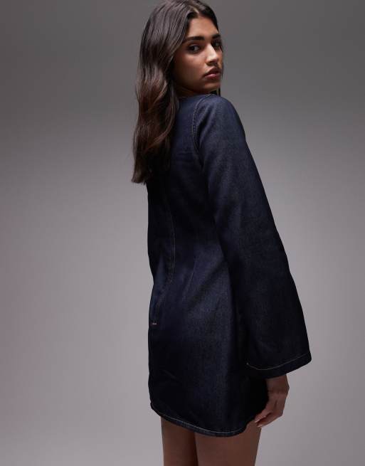Topshop denim long sleeve shift dress in raw look indigo | ASOS