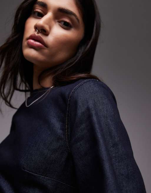Topshop denim long sleeve shift dress in raw look indigo | ASOS