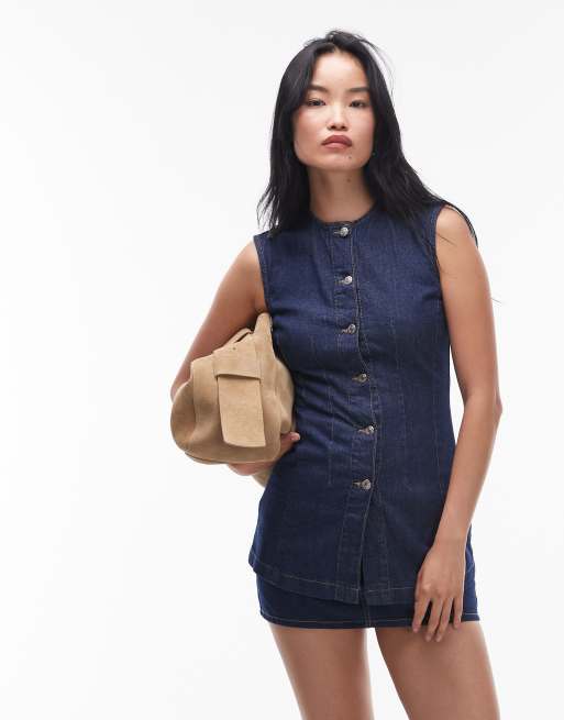 Topshop denim longline fitted top in rinse indigo, 2 of 4