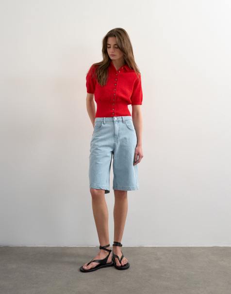 Topshop denim longline short in bleach - view 1