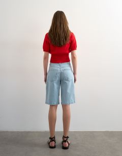 Model wearing Denim longline short in bleach