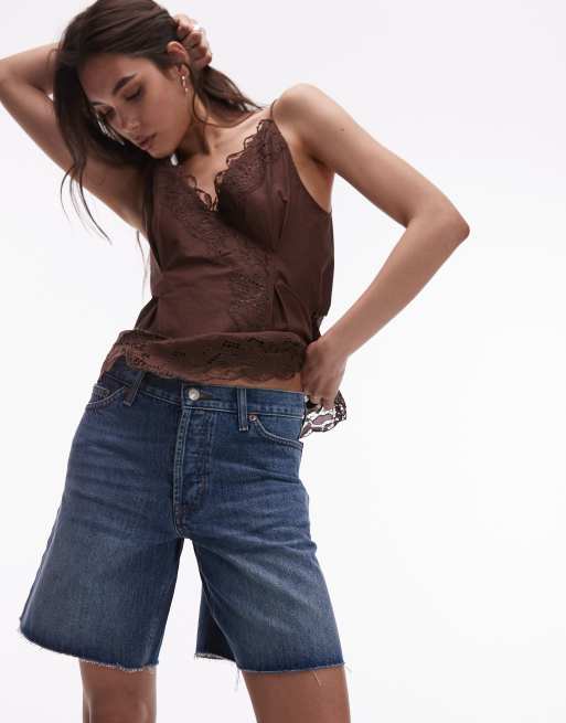 Topshop denim loose fit jorts in mid blue, 3 of 5