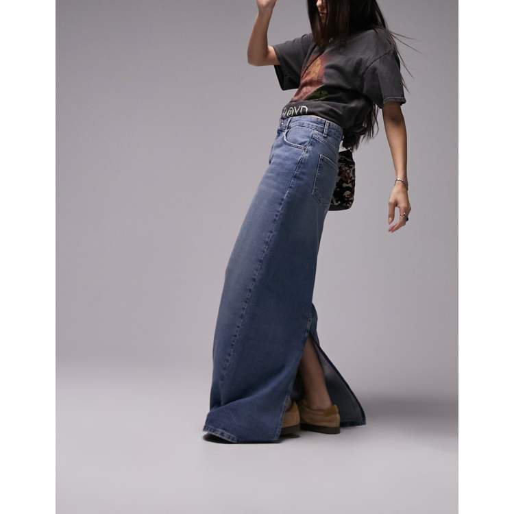 Mid Blue Wash Extreme Thigh High Slit Denim Skirt