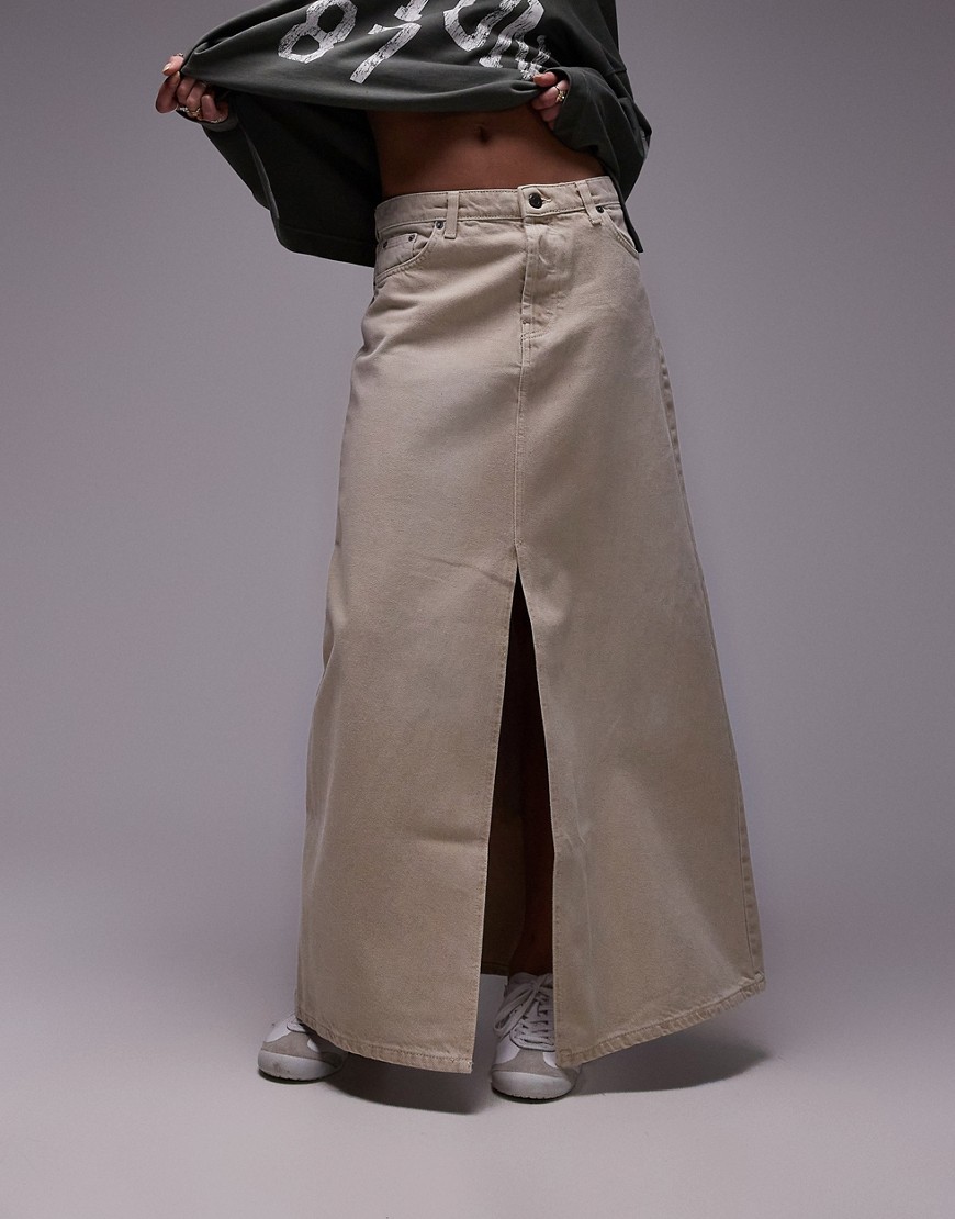 Topshop Denim Low Slung Maxi Skirt In Sand-neutral