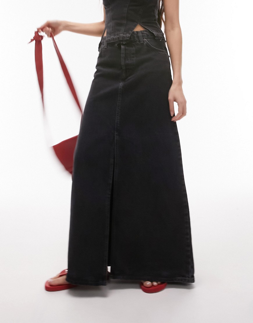 Topshop denim low slung maxi skirt in washed black
