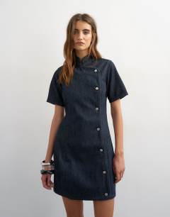 Denim mandarin collared mini dress in indigo rinse