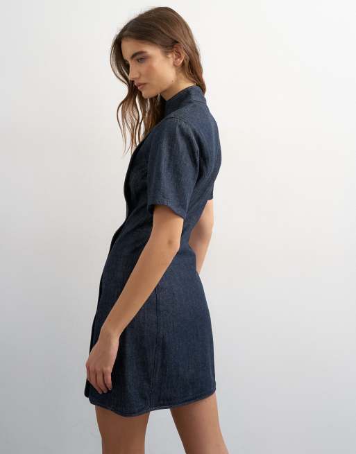 Topshop denim mandarin collared mini dress in indigo rinse, 3 of 4