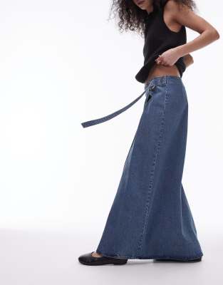 Topshop denim maxi D ring skirt in mid blue