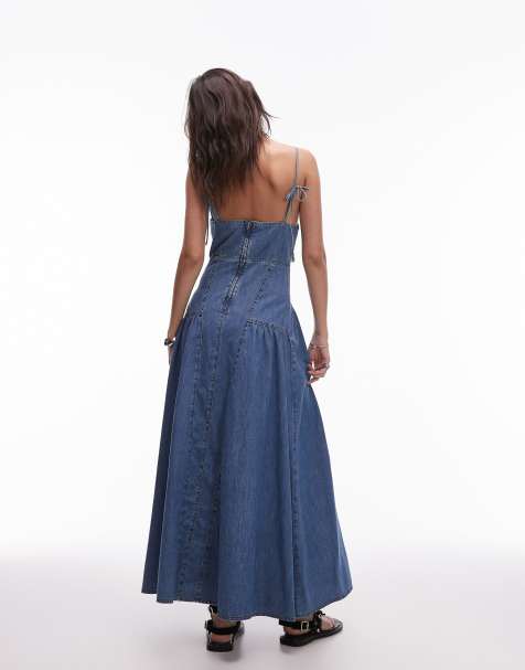 Topshop denim maxi dress with seam detail and ruching in mid blue - view 2