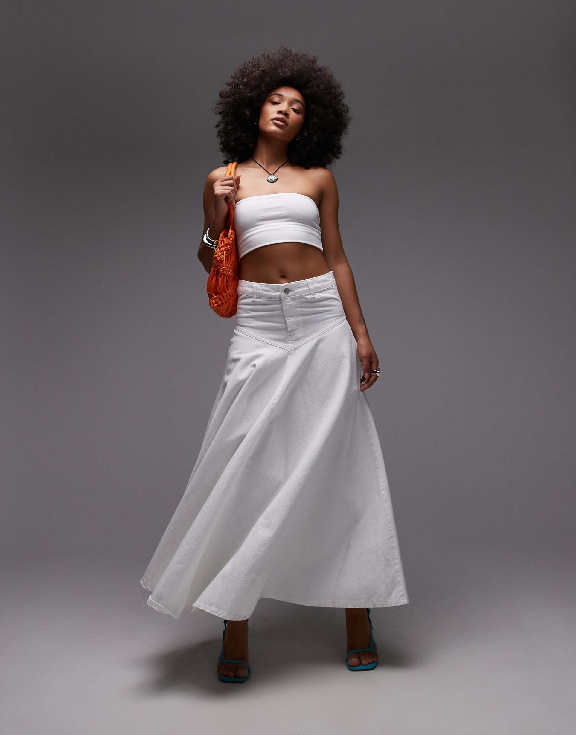 topshop denim maxi front yoke skirt in white