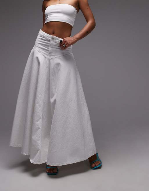 Topshop denim maxi front yoke skirt in white, 2 of 5