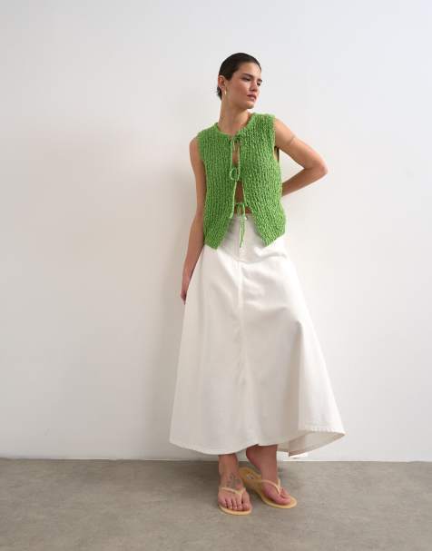 Topshop denim maxi front yoke skirt in white