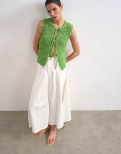 Model wearing Denim maxi front yoke skirt in white