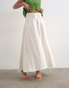 Model wearing Denim maxi front yoke skirt in white