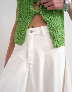 Model wearing Denim maxi front yoke skirt in white