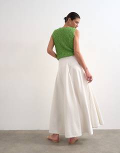 Model wearing Denim maxi front yoke skirt in white