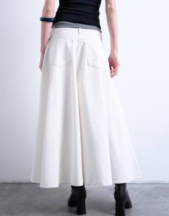 Model wearing Denim maxi full circle skirt in ecru