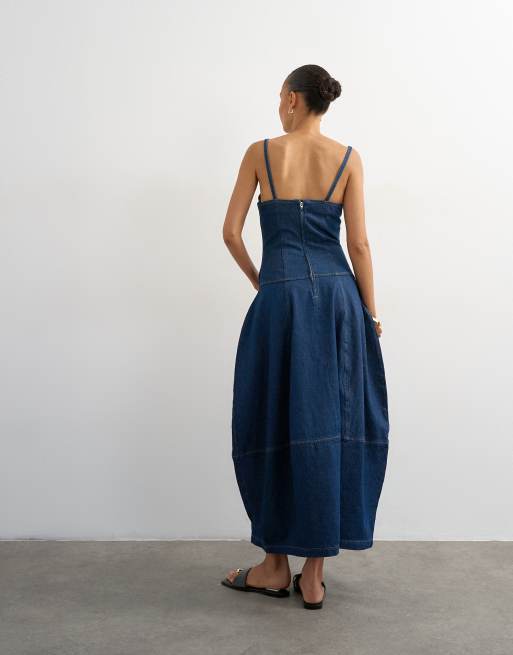 Topshop - Denim maxi jurk met ballon pasvorm in indigo spoeling, 4 van 4