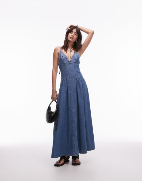 Topshop - Denim maxi jurk met naaddetail en rimpeleffect in middenblauw - view 1