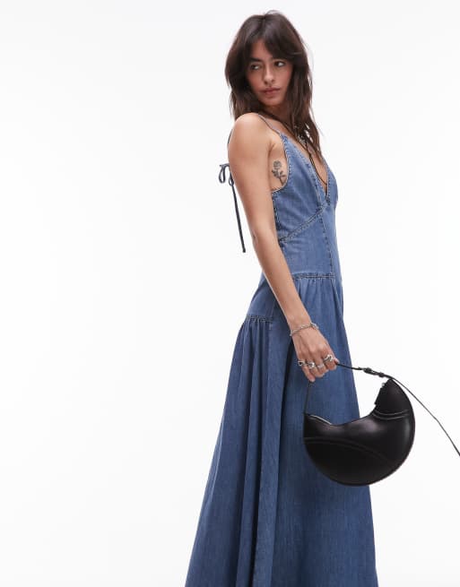 Topshop - Denim maxi jurk met naaddetail en rimpeleffect in middenblauw, 4 van 4