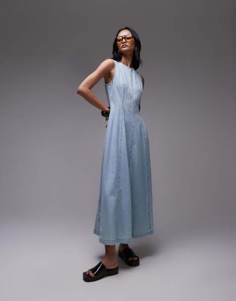 Topshop - Denim maxi jurk met naden in middenblauw - view 1