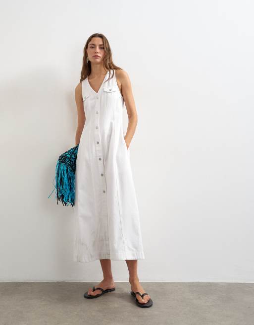 Topshop - Denim maxi jurk met V-hals en knoopsluiting in beenwit, 2 van 4
