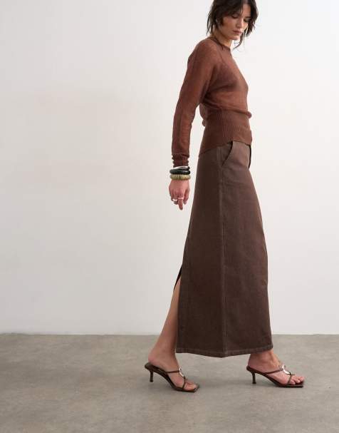 Topshop - Denim maxi kokerrok in chocoladebruin - view 1