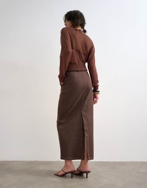 Topshop - Denim maxi kokerrok in chocoladebruin, 4 van 5