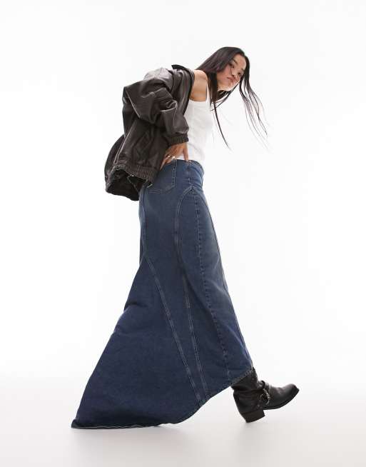 Topshop - Denim maxi rok met fishtail in indigo