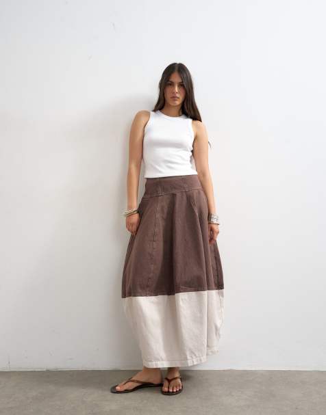 Topshop - Denim maxi rok met wijde ronde zoom in bruin en ecru - view 1