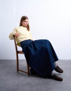 Denim maxi skirt with gathered yoke detail in rich blue