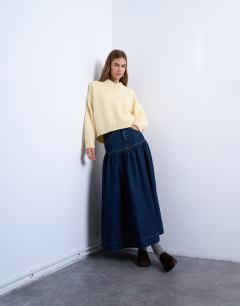 Model wearing Denim maxi skirt with gathered yoke detail in rich blue