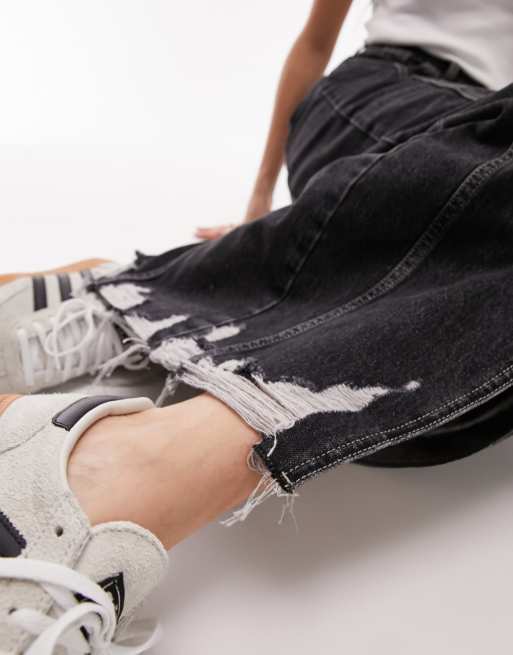 Topshop denim maxi skirt with ripped hem in washed black ASOS
