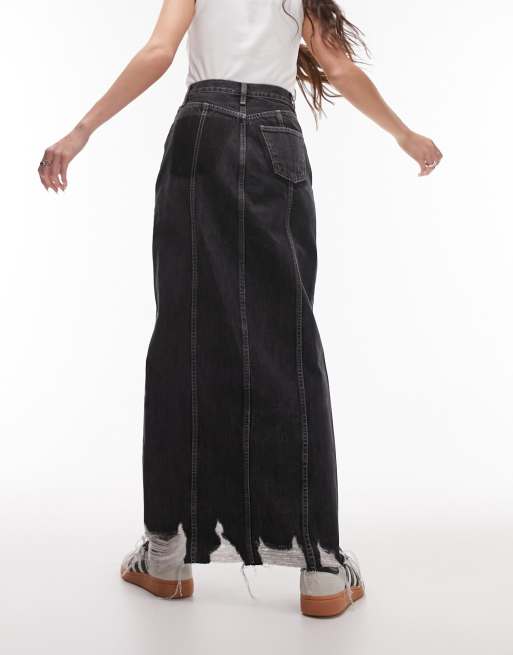 Topshop denim maxi skirt with ripped hem in washed black ASOS