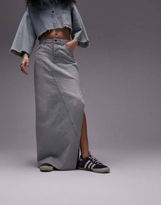 Long denim skirt with side clearance slits