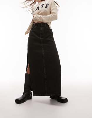 denim maxi skirt with side split in dirty wash black