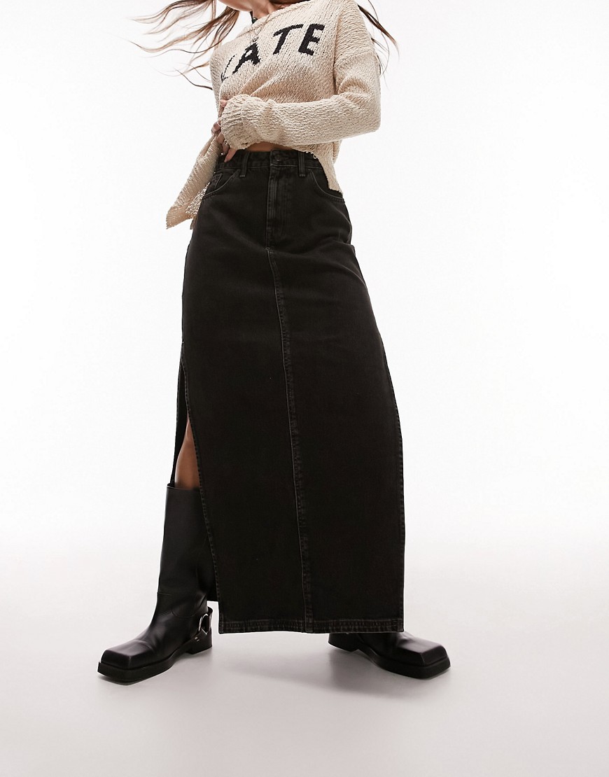Topshop denim maxi skirt with side split in dirty wash black