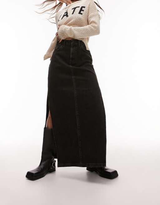  Topshop denim maxi skirt with side split in dirty wash black 