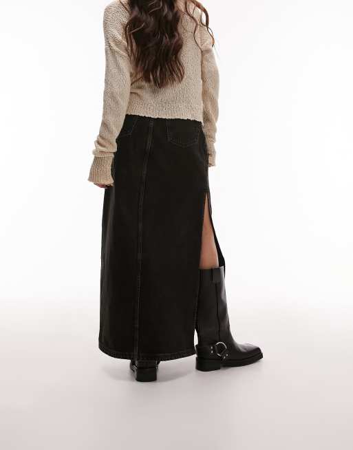 Topshop Tall leather look denim styled maxi skirt in black, ASOS in 2023