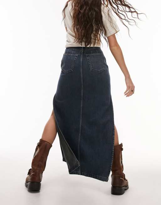 Topshop long denim maxi skirt. High rise, Belt loops, Five pockets, Side splits. 