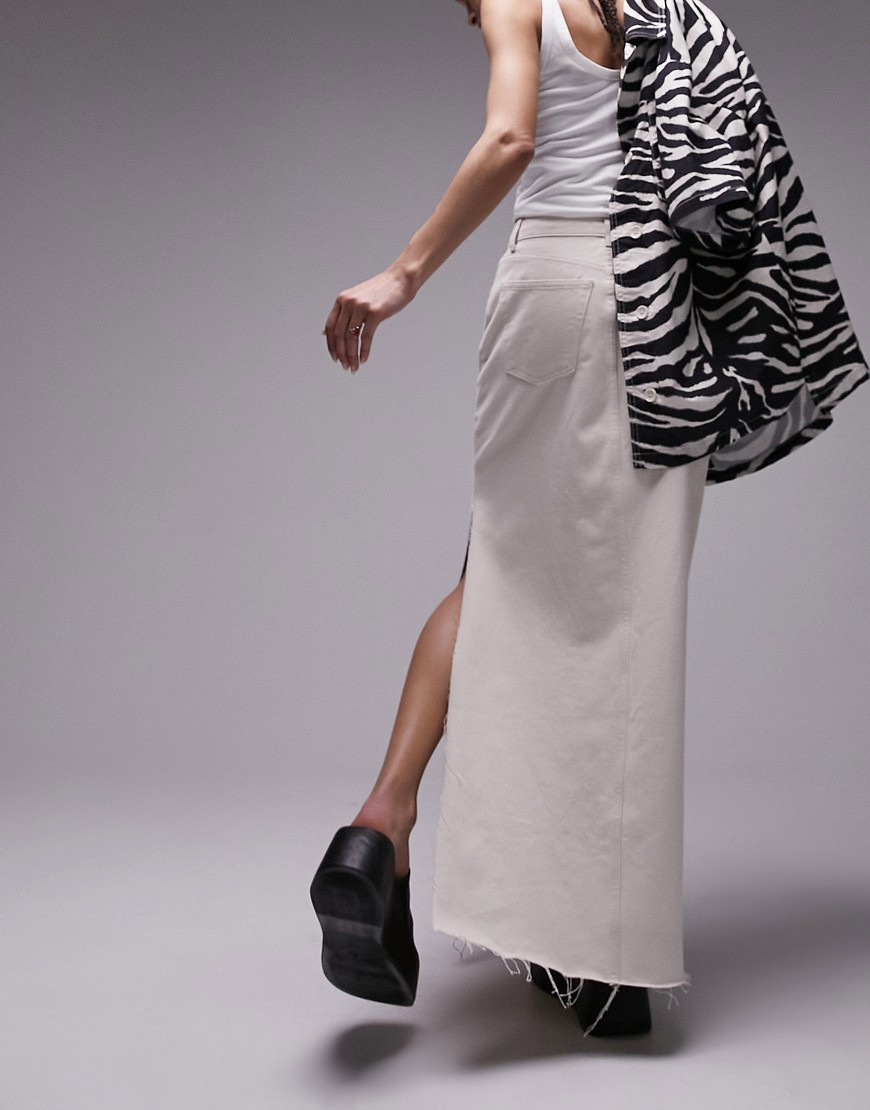Topshop denim maxi skirt with thigh split in ecru-White